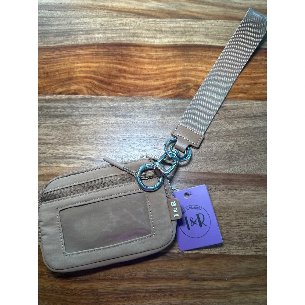 Iris & Rainbow Tan Nylon Wristlet Wallet ID Window Zip Pouch Card Holder NWT